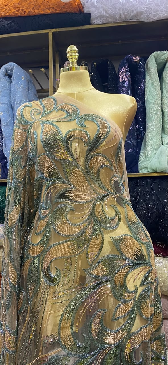 Gold and green beaded lace